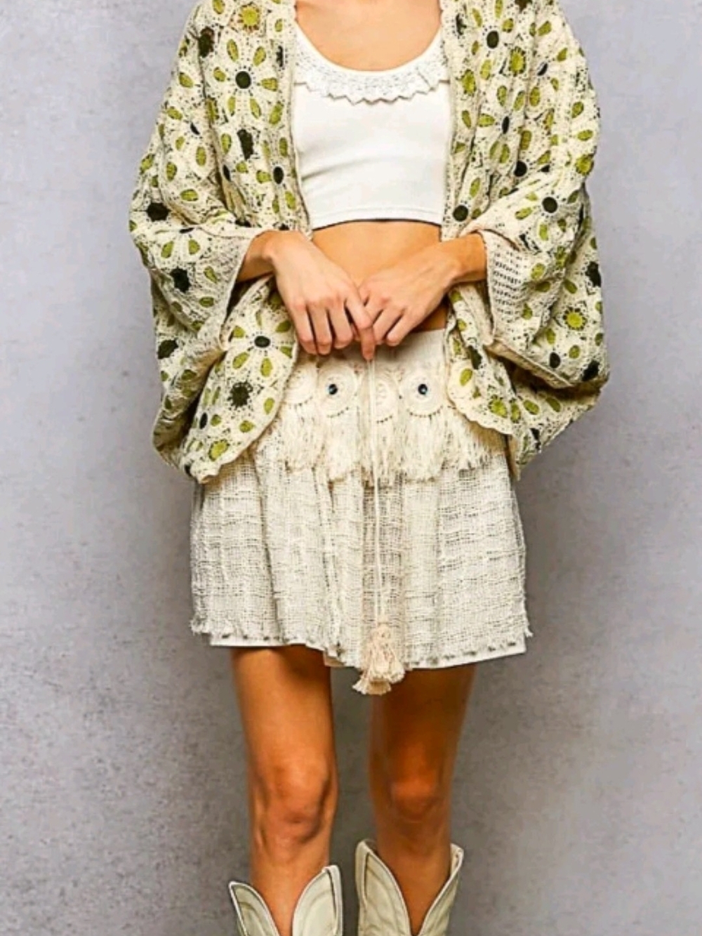 POL's Chic cream and sage crochet cardigan